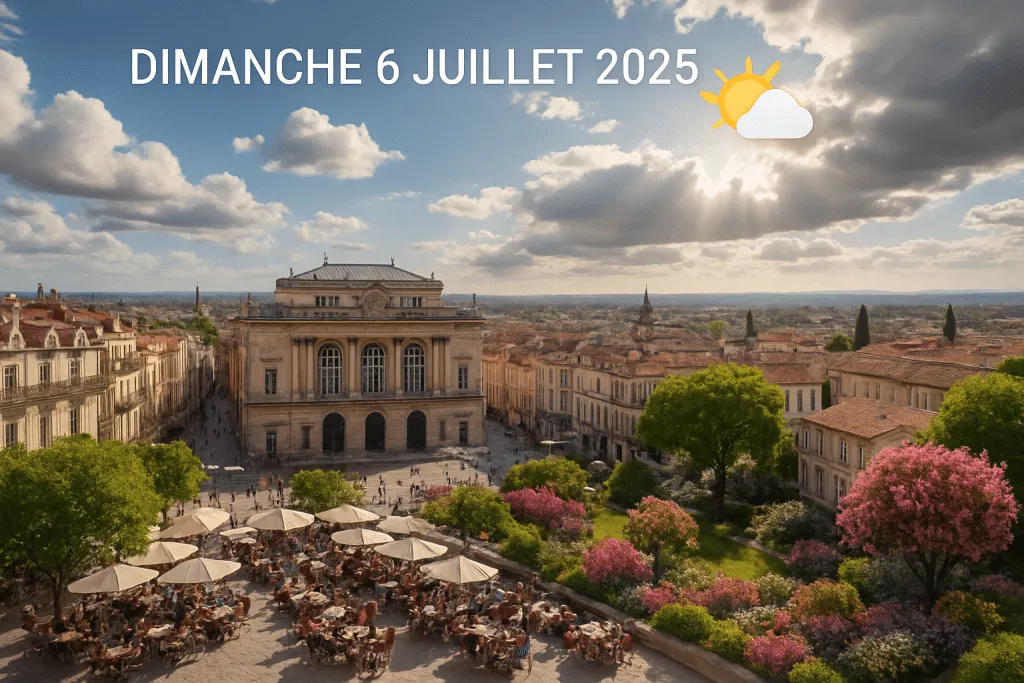 découvrez la météo prévue pour montpellier et ses environs le dimanche 6 juillet 2025. préparez-vous pour une journée ensoleillée, nuageuse ou pluvieuse grâce à notre bulletin météorologique détaillé et actualisé.