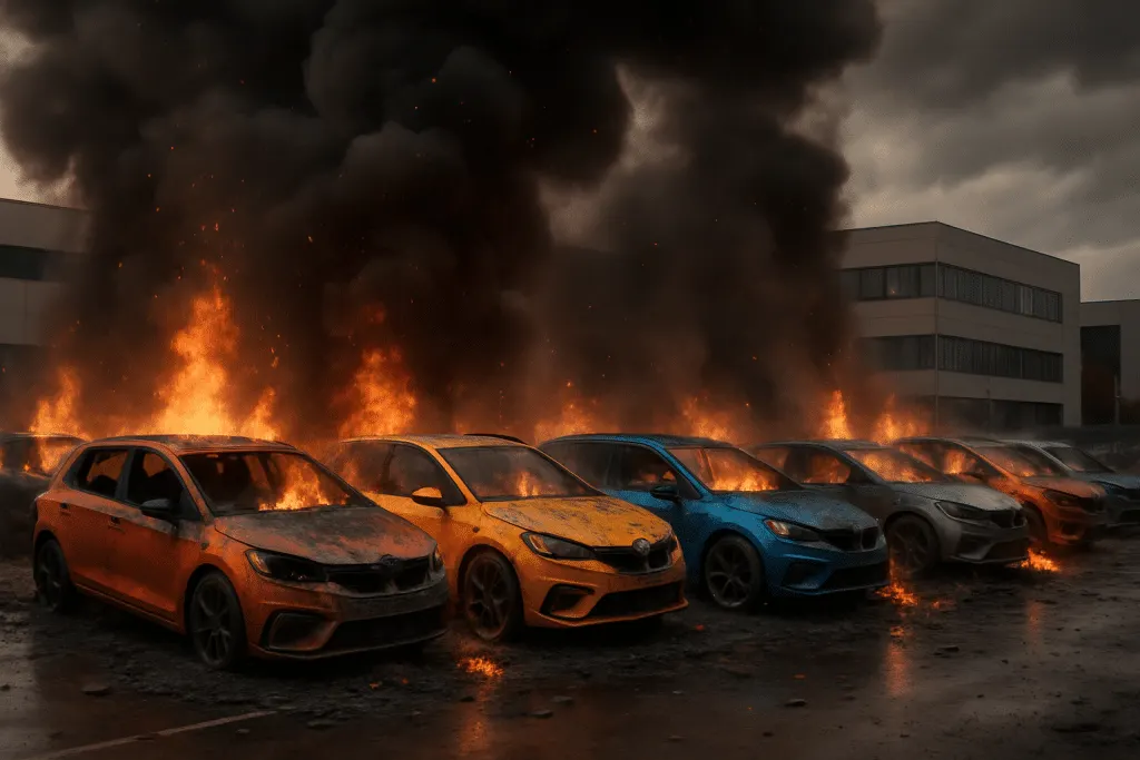 un incendie spectaculaire s'est déclaré sur le parking d'une société automobile près de montpellier, détruisant totalement neuf véhicules. découvrez les circonstances de ce sinistre impressionnant et les premières hypothèses des enquêteurs.