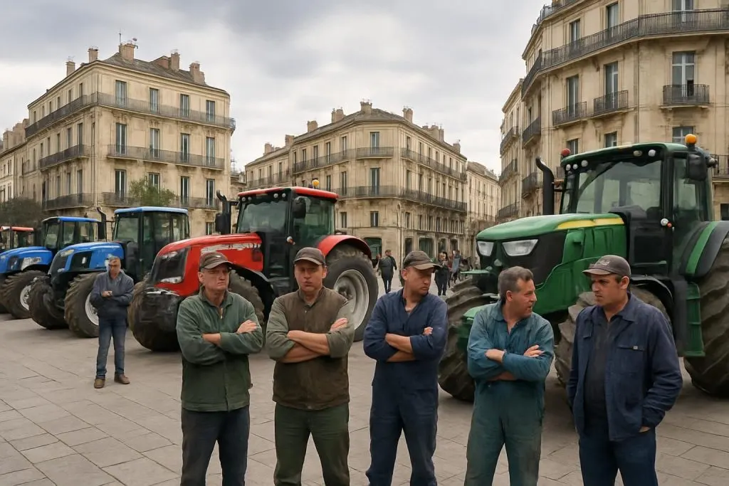 des agriculteurs en colère manifestent à montpellier en envahissant le centre-ville avec leurs tracteurs pour protester contre l'accord mercosur, exprimant leur inquiétude face aux impacts agricoles et économiques.