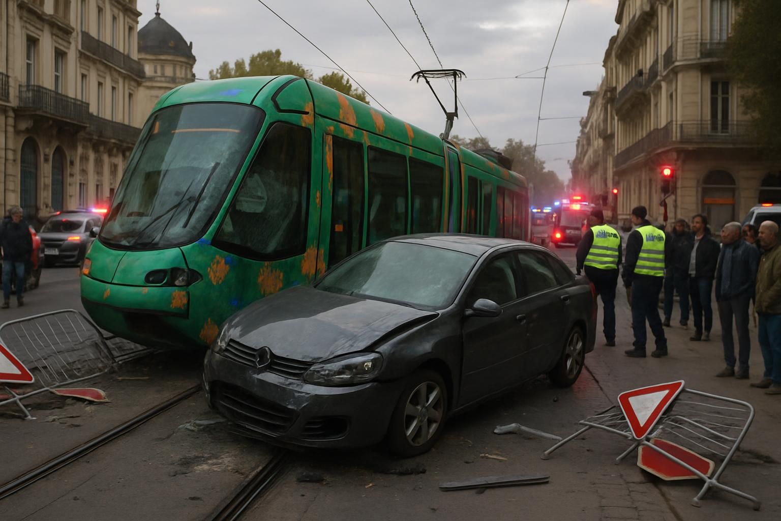 Montpellier: Collision between a car and a tram causes a derailment; the driver of the vehicle flees the scene; traffic is severely disrupted.